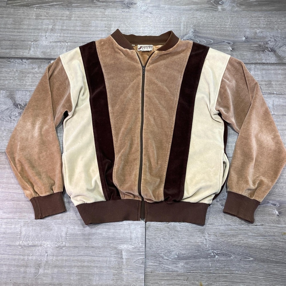 Sansabelt‎ Sport Velour Jacket Mens M Brown Colorblock Vintage Full Zip Casual